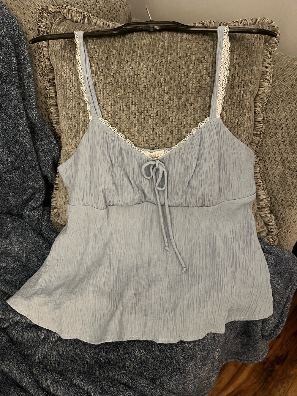 Sienna Sky Light Blue Crinkle Tank Top with Lace Trim